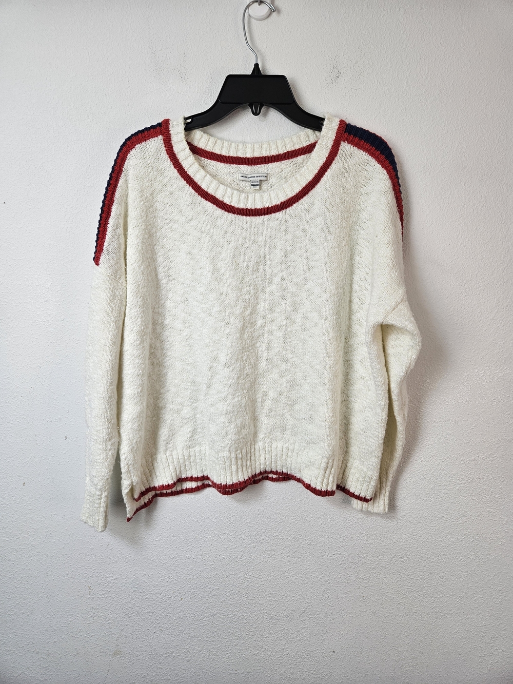 American Eagle Outfitters Cozy Ivory Crewneck Sweater with Red Trim Size Medium